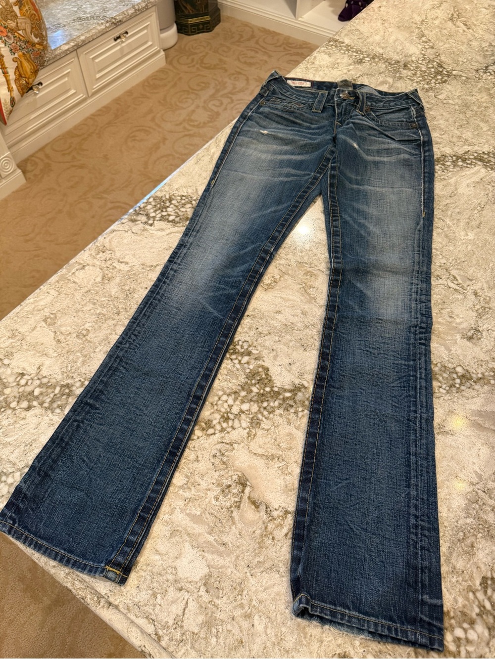 True Religion Women's Distressed Blue Flare Jeans